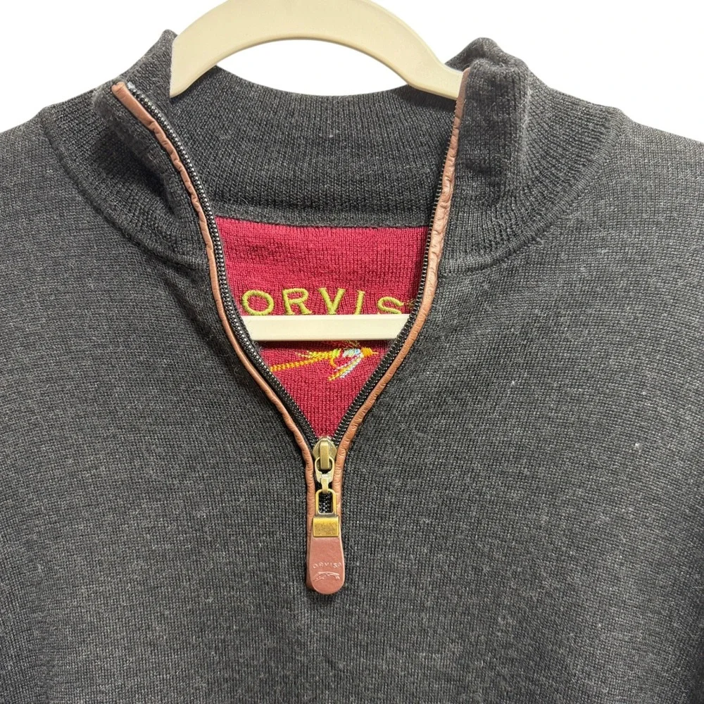 Orvis Mens 100% Merino Wool Quarter Zip Sweater Charcoal Gray Mock Neck Large